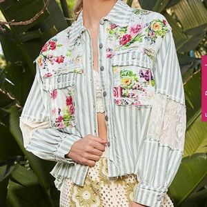 POL Striped Sage Multi Balloon Sleeve Printed Woven Mixed Print Shirt Shacket